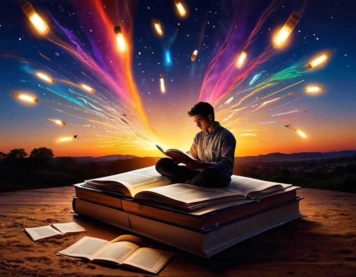 A mesmerizing landscape of open books floating in the air, their pages turning with the wind, radiating a golden glow that symbolizes creativity and inspiration. In the background, a silhouette of a person sitting at a desk, deeply focused on writing, with vibrant ideas represented as colorful light bulbs illuminating around them. The scene conveys a sense of wonder and the transformative power of words. super-realistic. vibrant colors. dreamy atmosphere.