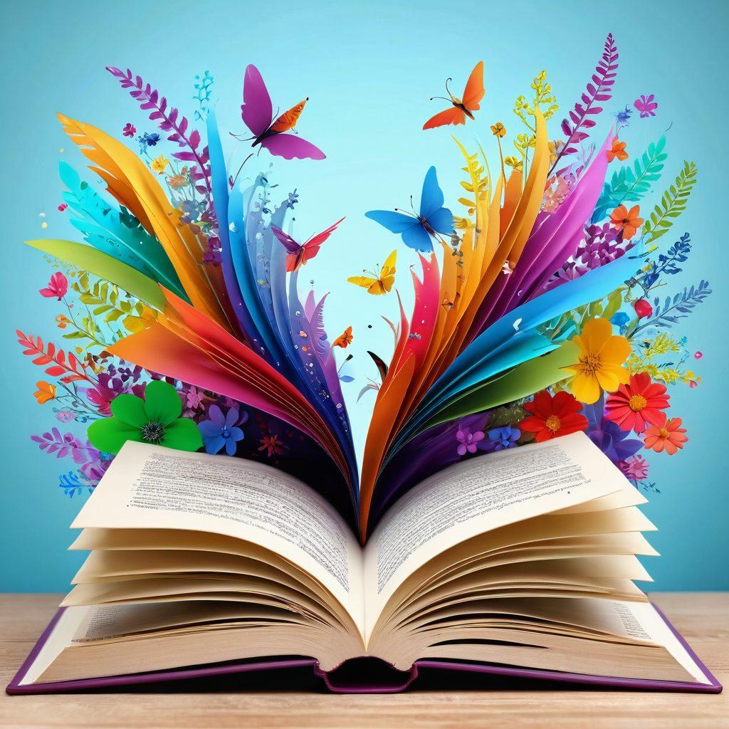 A vibrant, open book with colorful words flying out of it, each word representing a synonym, transforming from dull to lively. The background features a whimsical landscape with words blooming like flowers in a garden of creativity. Emphasize a sense of motion and transformation, capturing the essence of writing enhancement. Colorful, whimsical, and engaging design. vibrant colors. 3D.