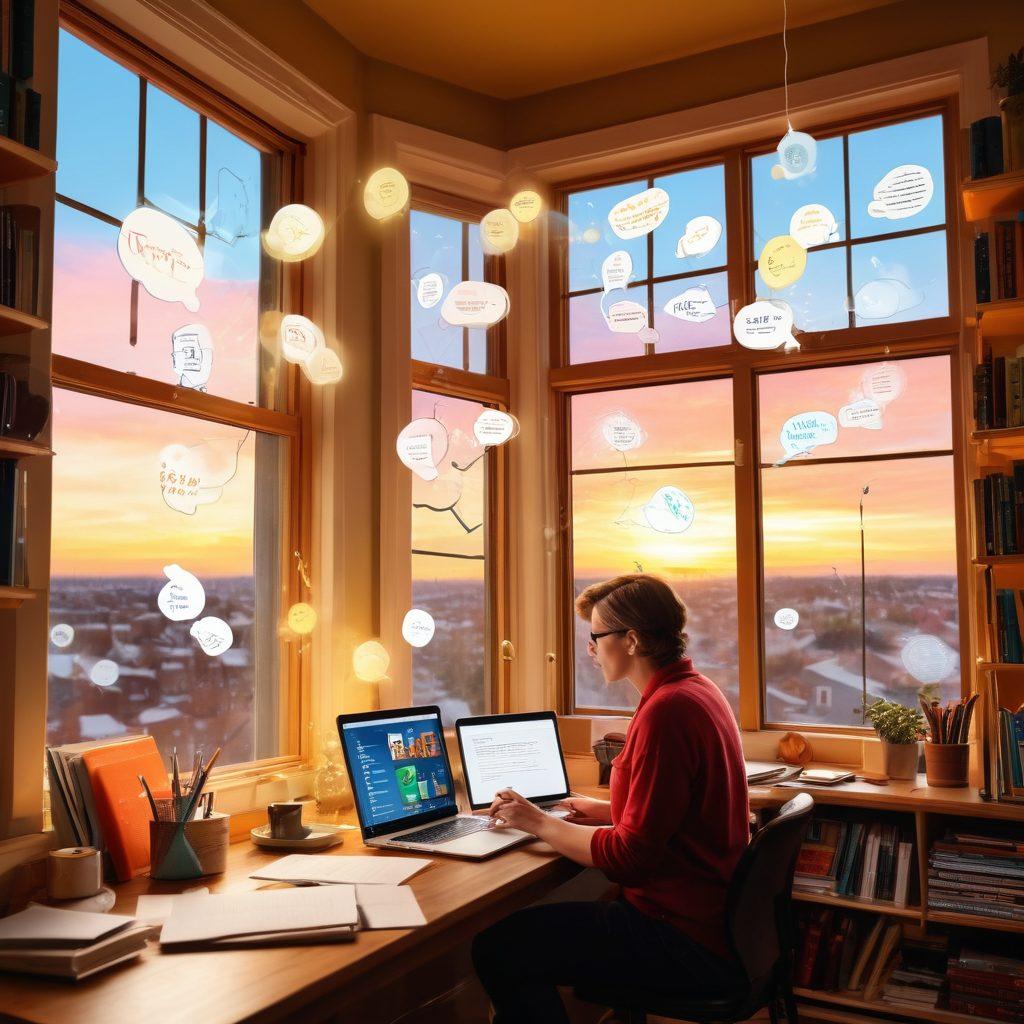 A dynamic workspace featuring an enthusiastic writer surrounded by books, notes, and a glowing laptop screen displaying articles. Above, colorful thought bubbles showcase engaging ideas and strategies with icons like light bulbs and speech bubbles. The scene is filled with warm natural light filtering through a window, inspiring creativity and focus. super-realistic. vibrant colors. cozy atmosphere.